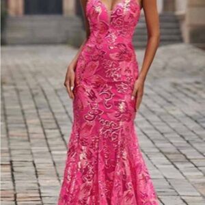 Elegant Pink Sequin & Lace Prom/Evening Dress